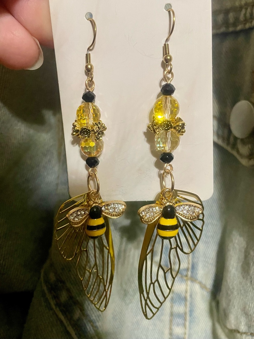 Gold Bee Drop Earrings with Yellow Accents - Women Jewelry